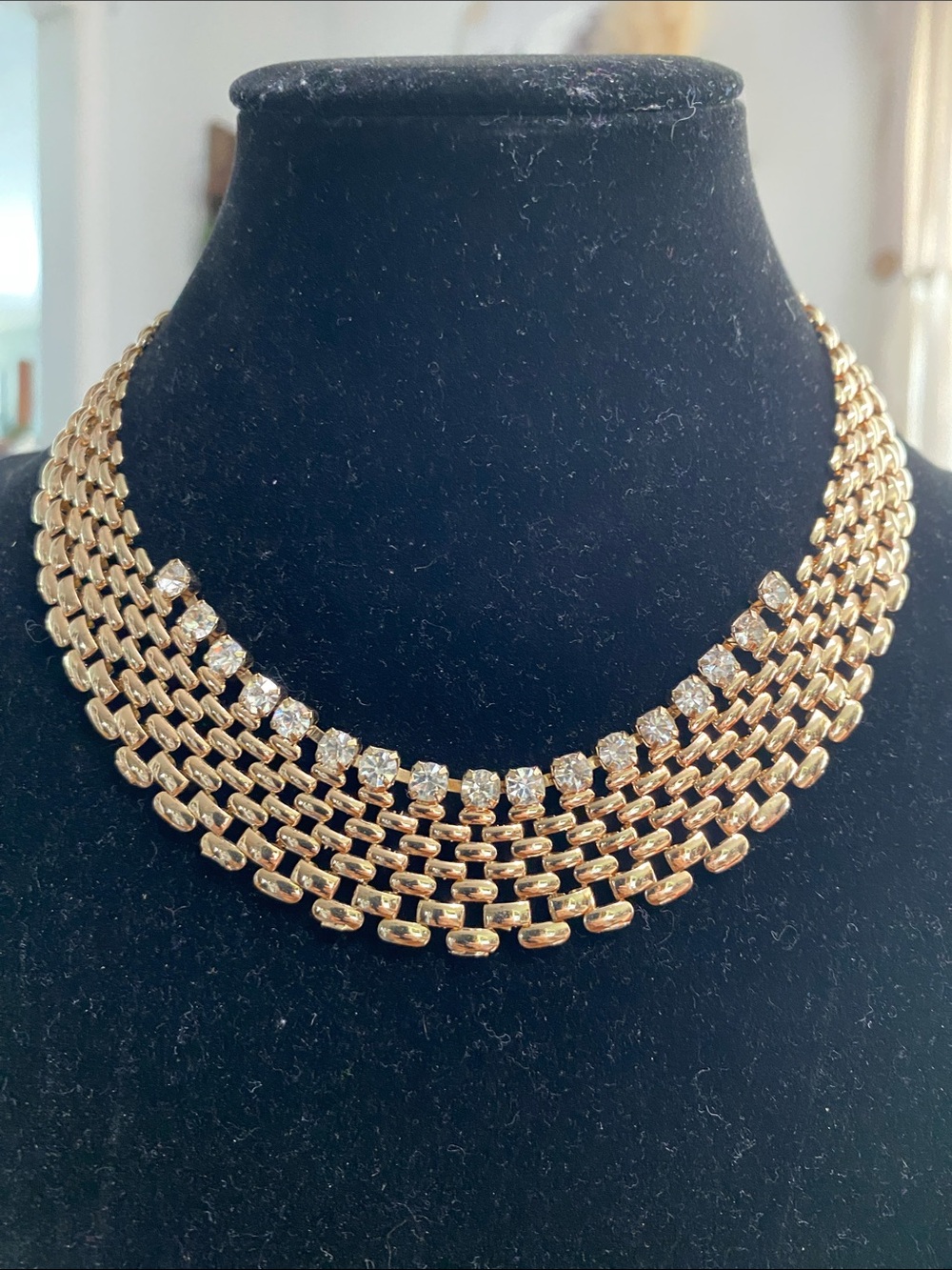 Gold-Tone Multi-Row Chain Necklace with Clear Crystal Accents